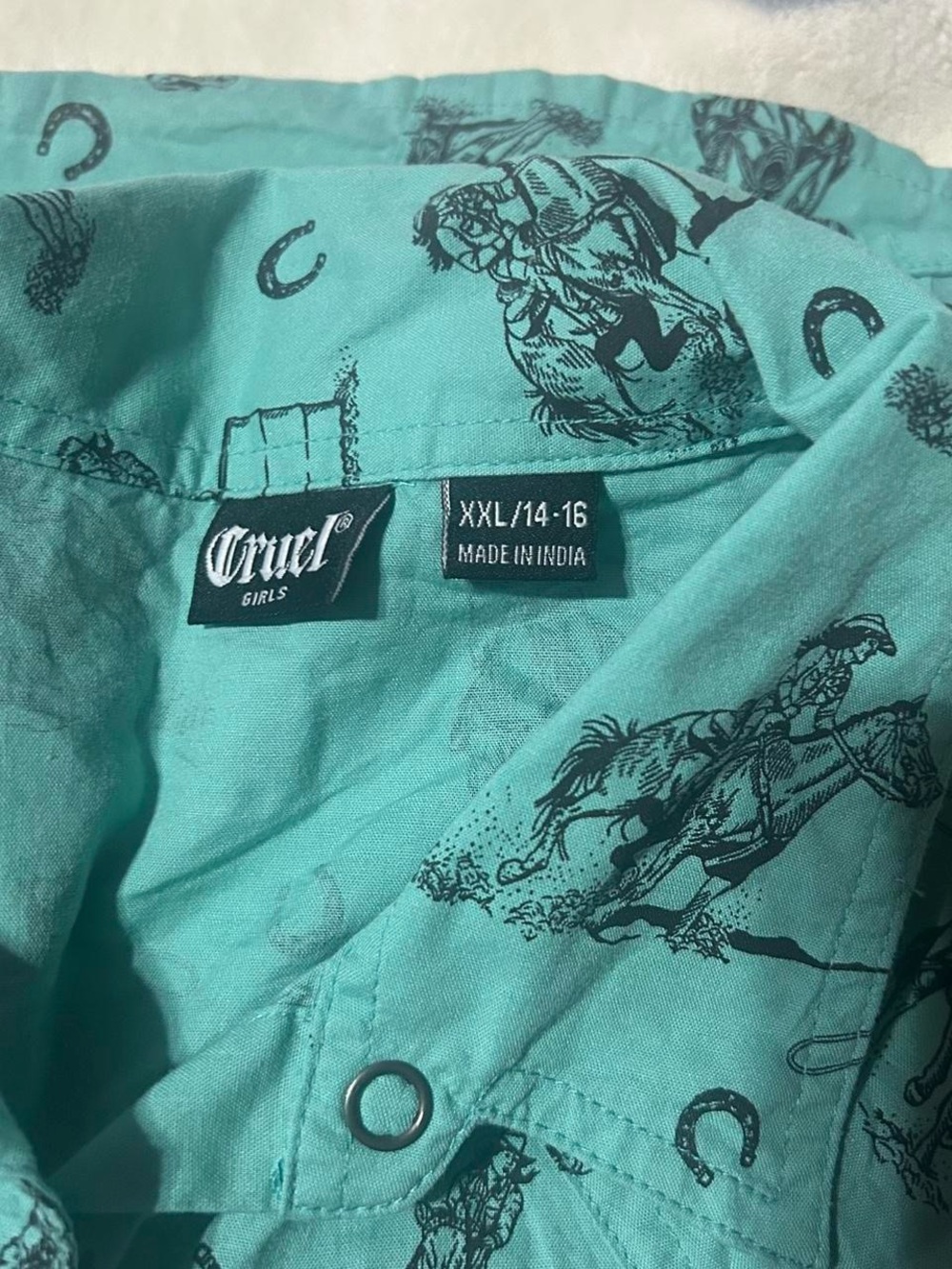 Cruel Girl Girls Turquoise Button Down Shirt with Black Horse Print